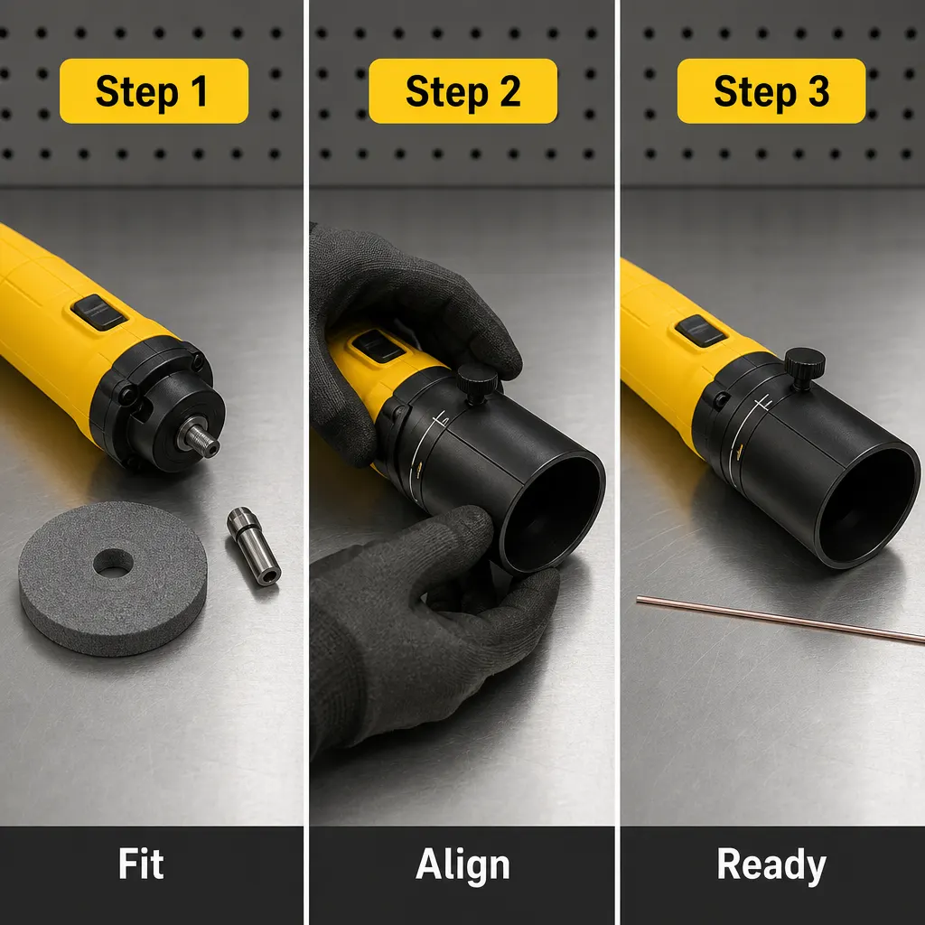 TIG Tungsten Electrode Grinder setup and use views